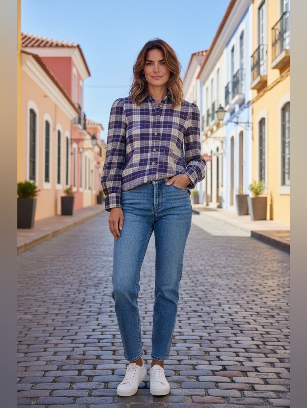 Rails Angelica  Plaid Button-Down Blouse Navy Almond Pink